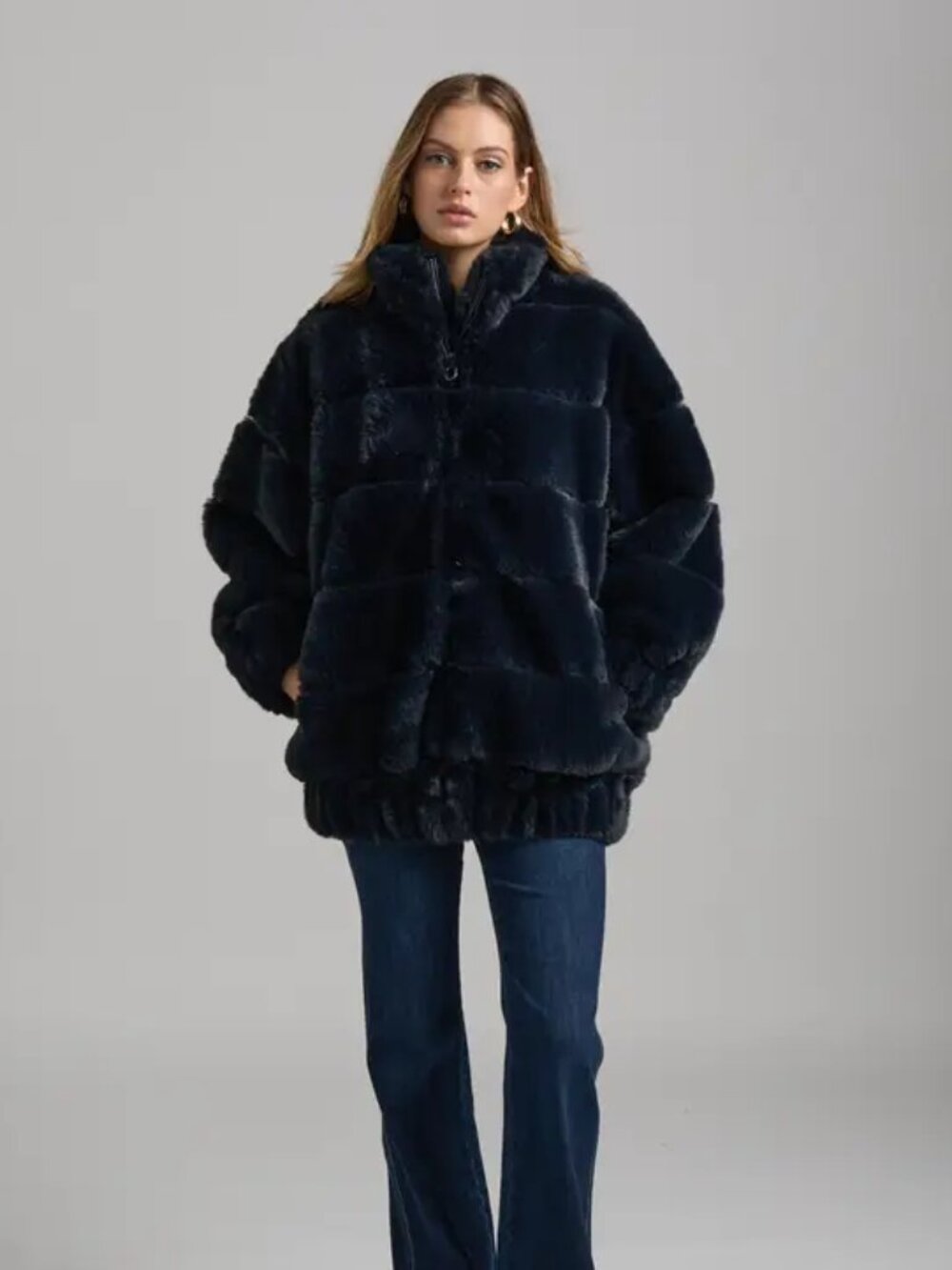 NVLT New with Tags Medium NAVY Faux Fur Mid-Length Grooved Bomber Jacket